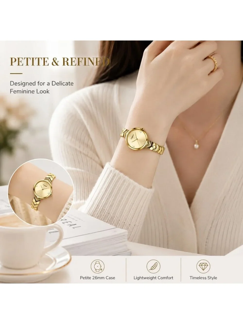 Women's Gold Round Case Minimalist Luxury Quartz Ladies Dress Wrist Watches